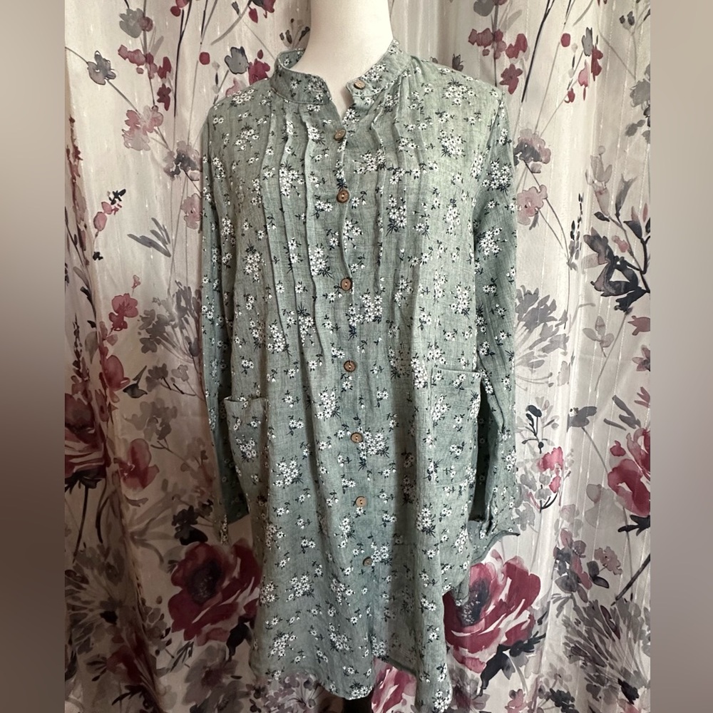 Womens Floral Printed Button Down Blouse Long Sleeve Pleated Green Size L